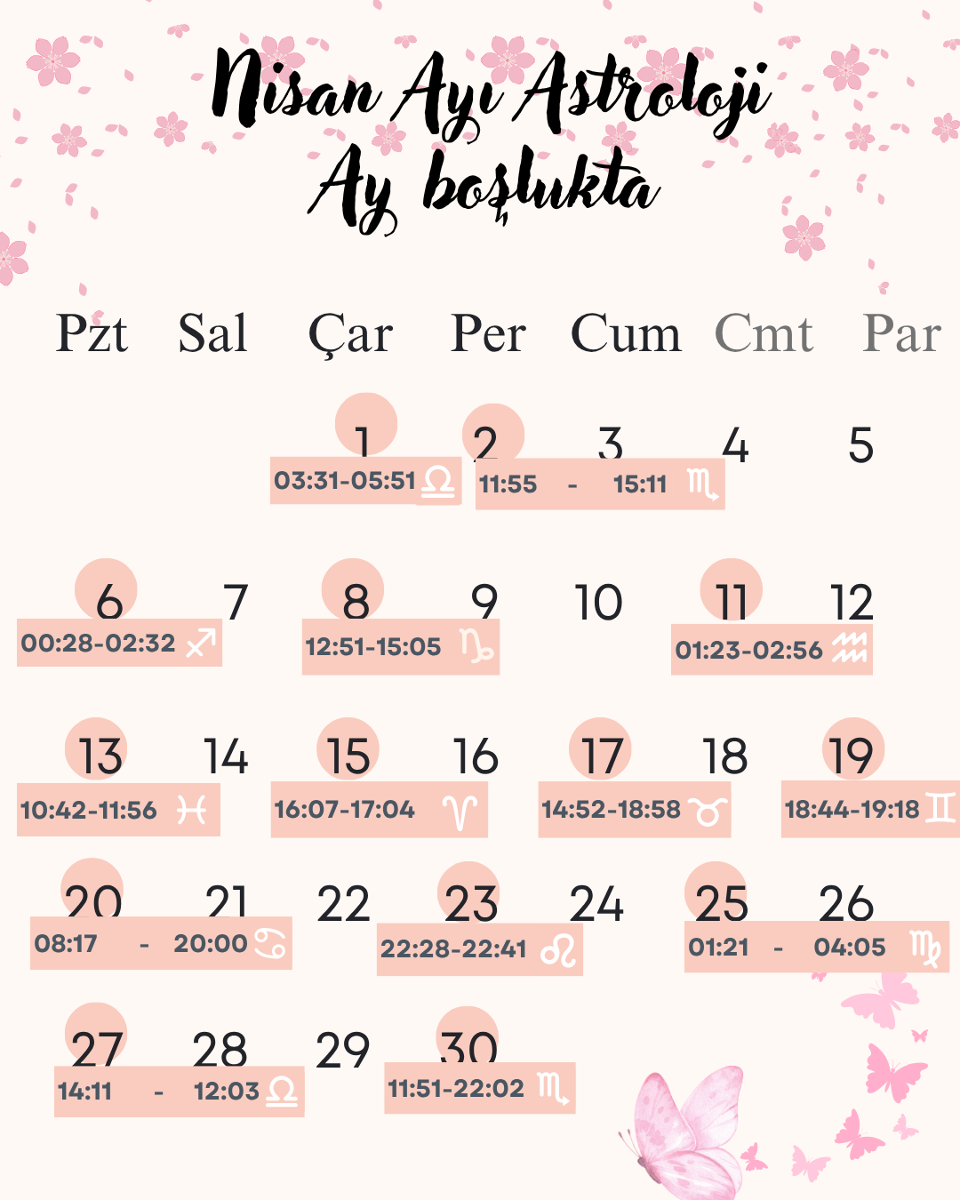 nisan ayı ay boşlukta takvimi